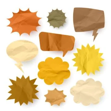 Crumpled brown paper comic speech bubbles. Hand drawn retro cartoon stickers Stock Illustration