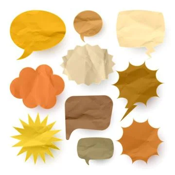 Crumpled brown paper comic speech bubbles. Hand drawn retro cartoon stickers Stock Illustration