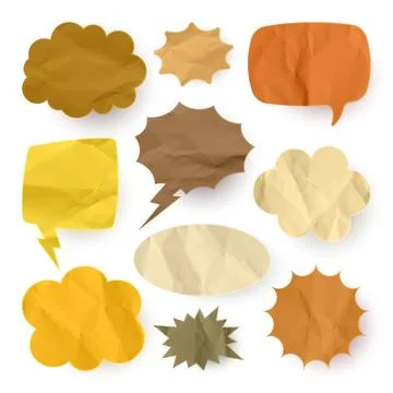 Crumpled brown paper comic speech bubbles. Hand drawn retro cartoon stickers Stock Illustration