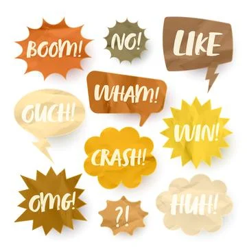 Crumpled brown paper comic speech bubbles. Hand drawn retro cartoon stickers Stock Illustration