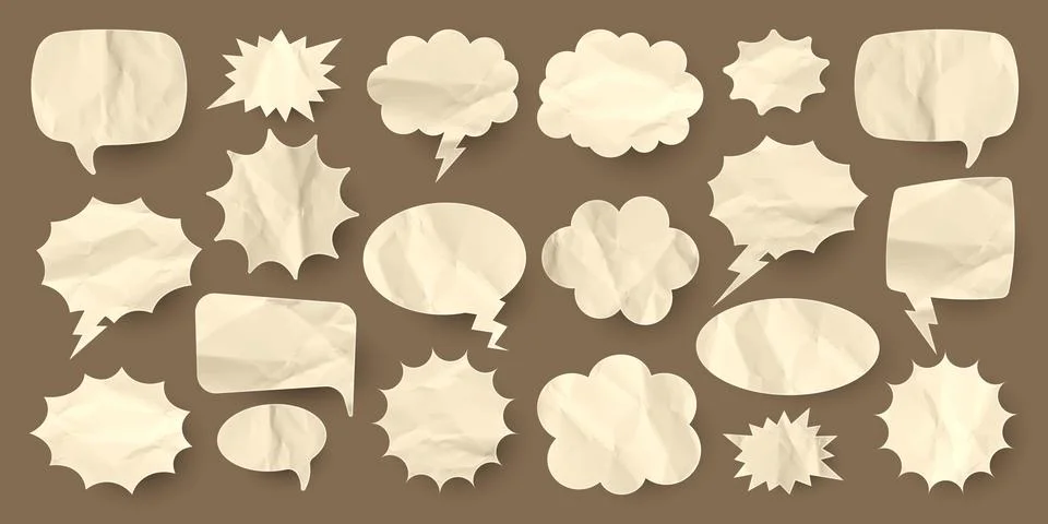 Crumpled brown paper comic speech bubbles. Hand drawn retro cartoon stickers Stock Illustration