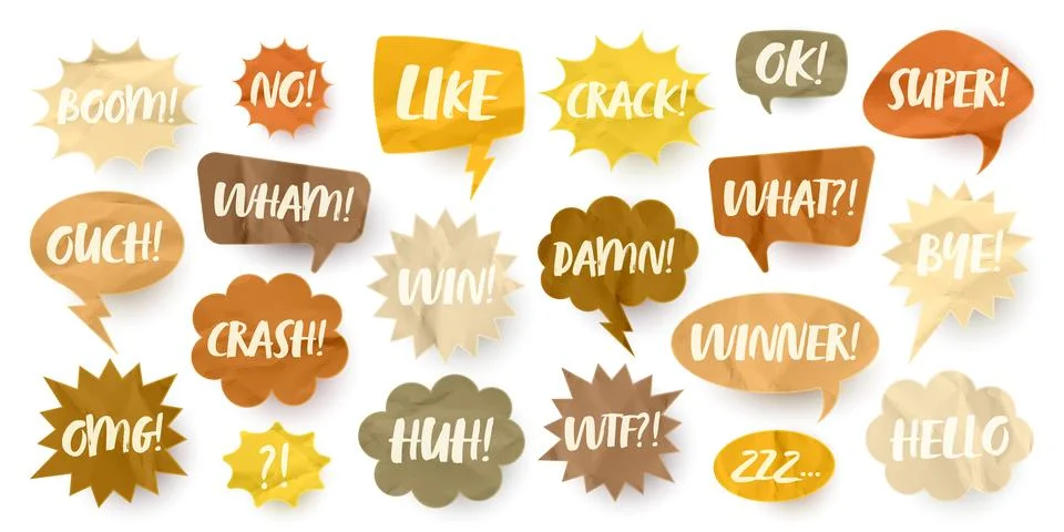 Crumpled brown paper comic speech bubbles. Hand drawn retro cartoon stickers Stock Illustration