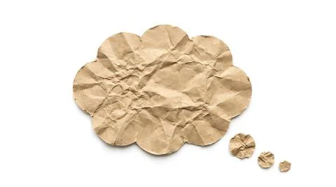 Crumpled brown paper speech bubble isolated on white background for creativ.. Stock Photos