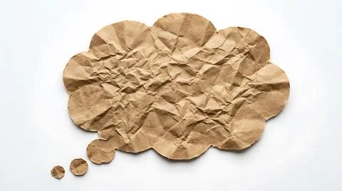 Crumpled brown paper speech bubble on white background for creative communi.. 스톡 사진