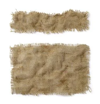 Crumpled burlap rectangular and oblong pieces isolated on white background. Fotos de archivo