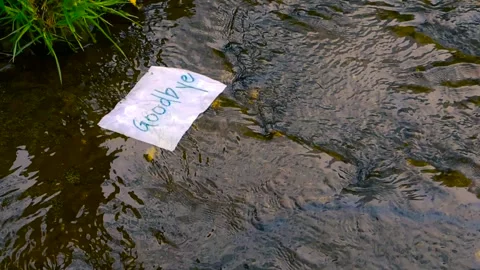 Crumpled Farewell Letter Floating Down a River Stream Stock Footage 337496040