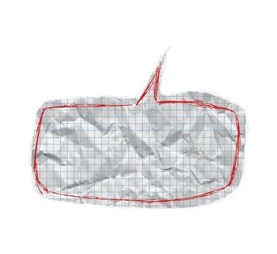 Crumpled grid paper speech bubble on torn notebook background. White chat Stock Illustration