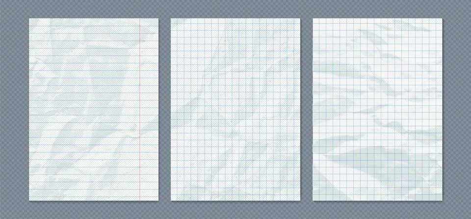 Crumpled notebook paper sheets set. Vector realistic illustration of blank white Stockillustratie