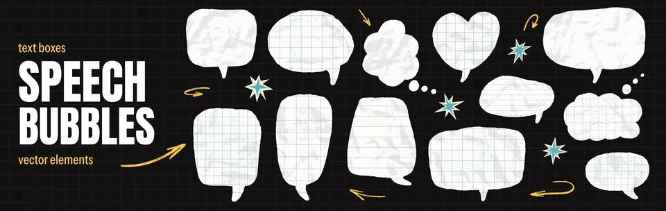 Crumpled notebook paper speech bubble shapes with math grid texture for chat. Illustrazione stock