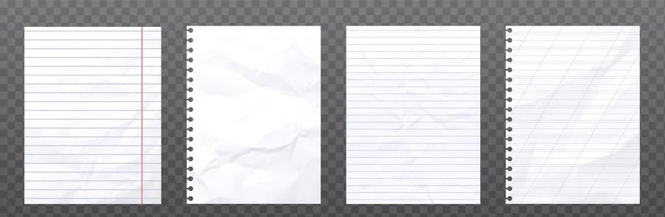 Crumpled notebook sheets set on transparent Illustrazione stock