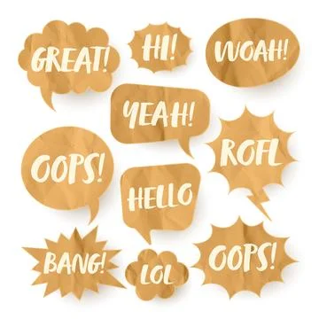 Crumpled paper comic speech bubbles. Hand drawn retro cartoon stickers with text Stock Illustration