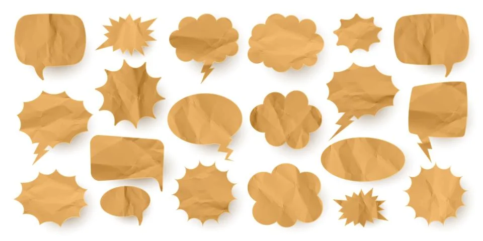 Crumpled paper comic speech bubbles. Hand drawn retro cartoon stickers. Pop art Stock Illustration