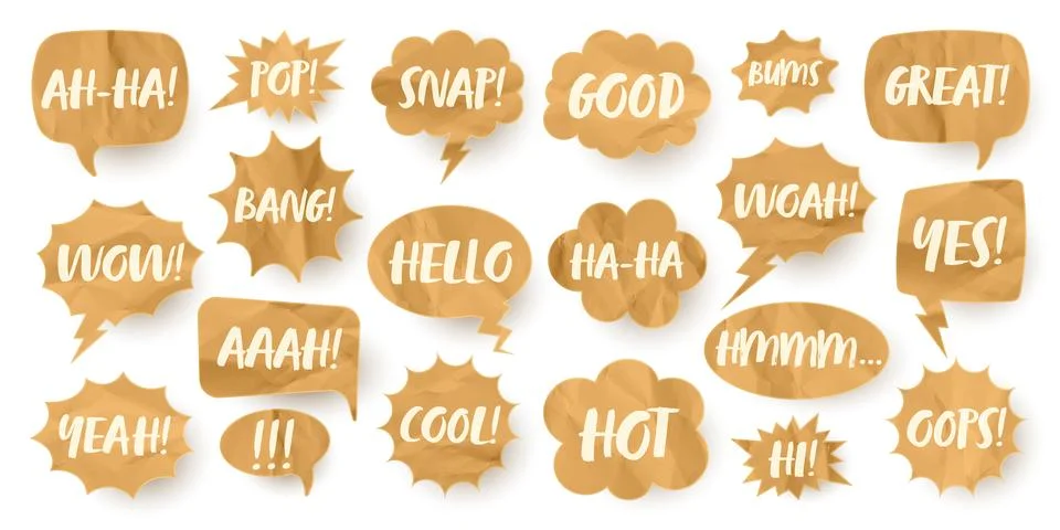Crumpled paper comic speech bubbles. Hand drawn retro cartoon stickers with text Stock Illustration
