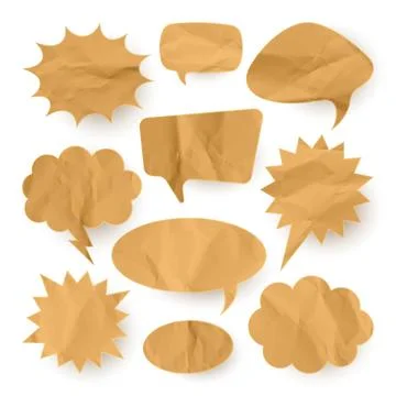 Crumpled paper comic speech bubbles. Hand drawn retro cartoon stickers. Pop art Stock Illustration