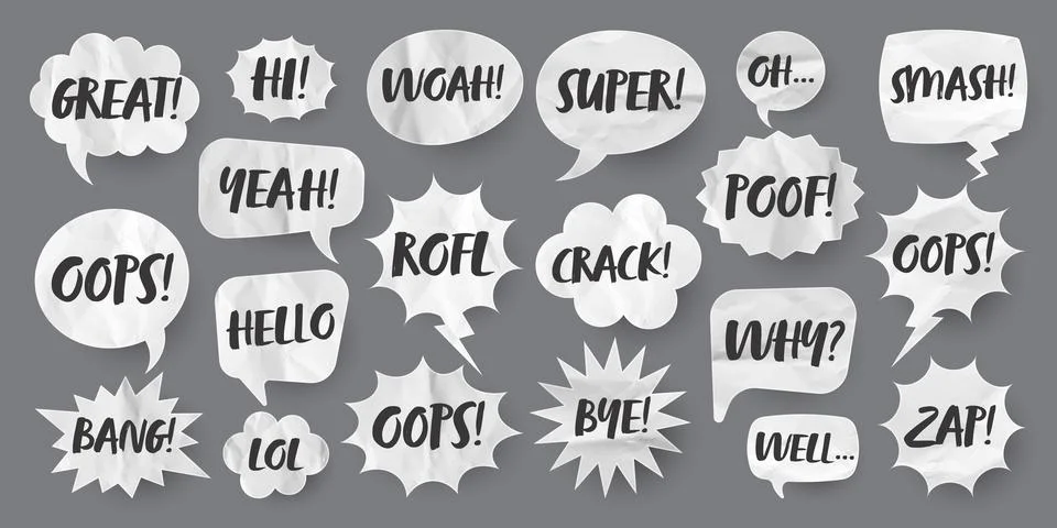 Crumpled paper comic speech bubbles. Hand drawn retro cartoon stickers with text Stock Illustration