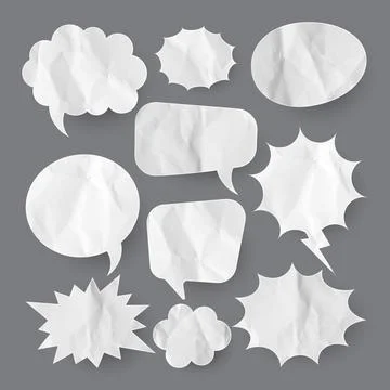 Crumpled paper comic speech bubbles. Hand drawn retro cartoon stickers. Pop art Stock Illustration