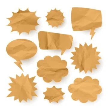 Crumpled paper comic speech bubbles. Hand drawn retro cartoon stickers. Pop art Stock Illustration