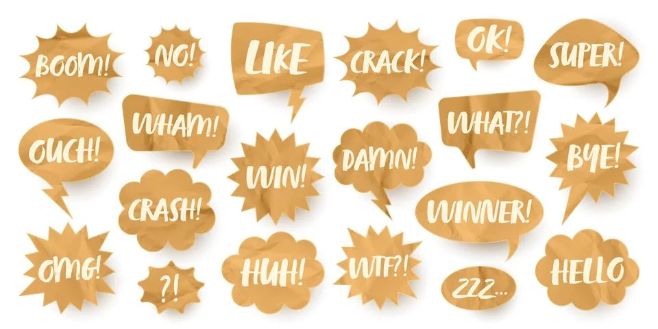 Crumpled paper comic speech bubbles. Hand drawn retro cartoon stickers with text Stock Illustration