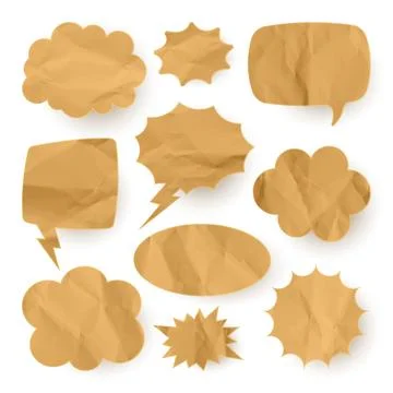 Crumpled paper comic speech bubbles. Hand drawn retro cartoon stickers. Pop art Stock Illustration