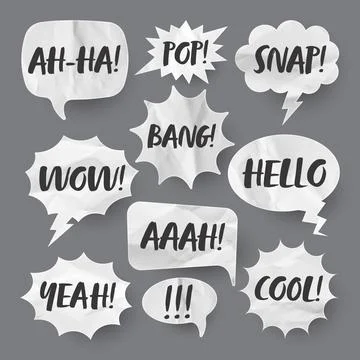 Crumpled paper comic speech bubbles. Hand drawn retro cartoon stickers with text Stock Illustration