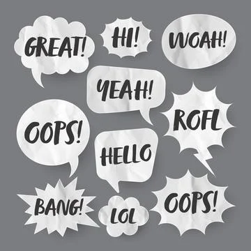 Crumpled paper comic speech bubbles. Hand drawn retro cartoon stickers with text Stock Illustration