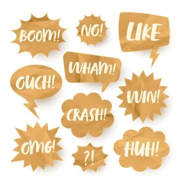 Crumpled paper comic speech bubbles. Hand drawn retro cartoon stickers with text Stock Illustration