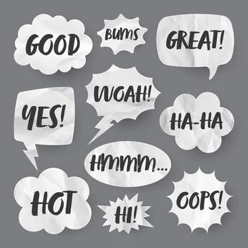 Crumpled paper comic speech bubbles. Hand drawn retro cartoon stickers with text 스톡 일러스트
