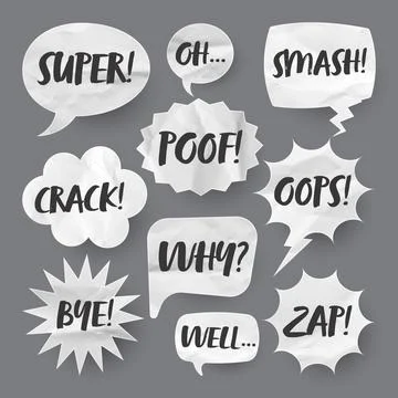 Crumpled paper comic speech bubbles. Hand drawn retro cartoon stickers with text Stock Illustration