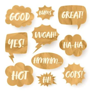 Crumpled paper comic speech bubbles. Hand drawn retro cartoon stickers with text Stock Illustration