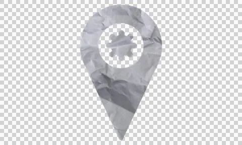 Crumpled paper map pin icon with gear symbol for navigation and technical s.. Stock Illustration
