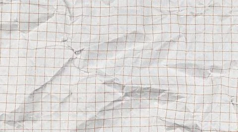 Crumpled paper notebook sheet with checkered grid pattern. White graph back.. Stock Photos