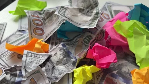 Crumpled Paper Notes Scattered on Dollar Bills Money Problems Concept Stock Footage 337123279