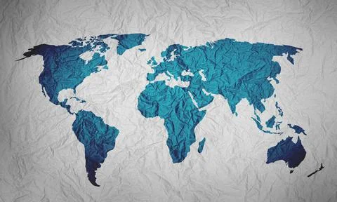 Crumpled paper in shape of map of world isolated on white background. Stock Photos