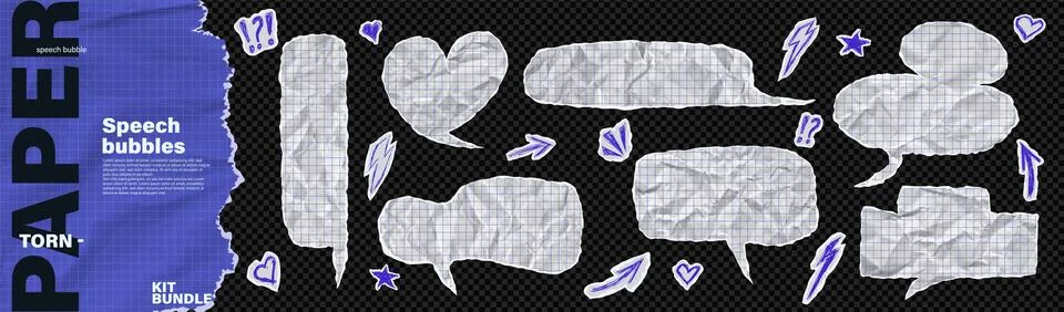 Crumpled paper speech bubble bundle kit. Teenager Y2K chat balloon dialogue box Stock Illustration