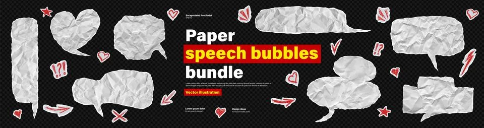 Crumpled paper speech bubble cloud bundle set. Teenager y2k chat balloon Stock Illustration