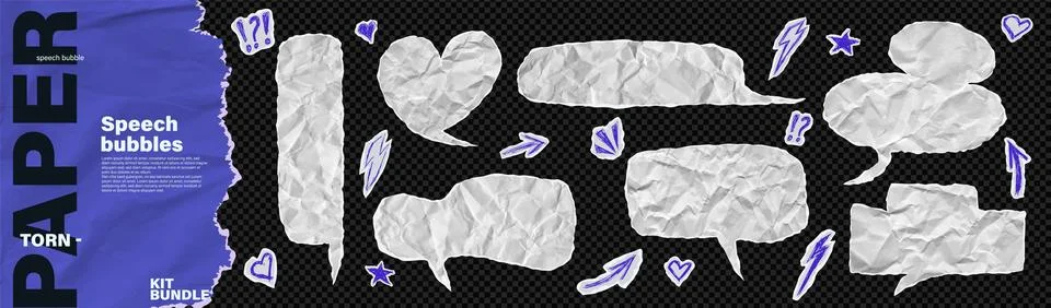 Crumpled paper speech bubble cloud bundle kit. Teenager rock punk chat balloon Stock Illustration