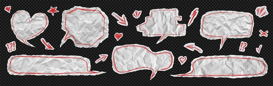 Crumpled paper speech bubble cloud bundle kit. Teenager rock punk chat balloon 스톡 일러스트