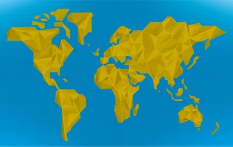 Crumpled paper world map in orange and blue. Stock Illustration