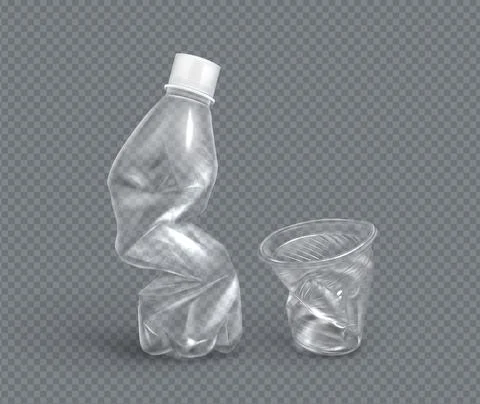Crumpled plastic cup and bottle for water, vector Stock Illustration