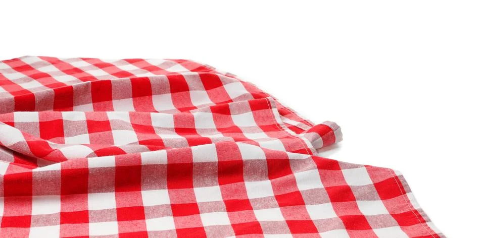 Crumpled tablecloth with checkered pattern isolated on white Stock Photos