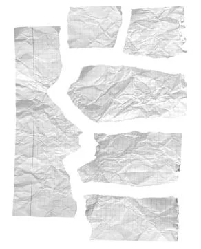 Crumpled torn white graph paper scraps and ripped grid pieces set isolated .. Stock Photos