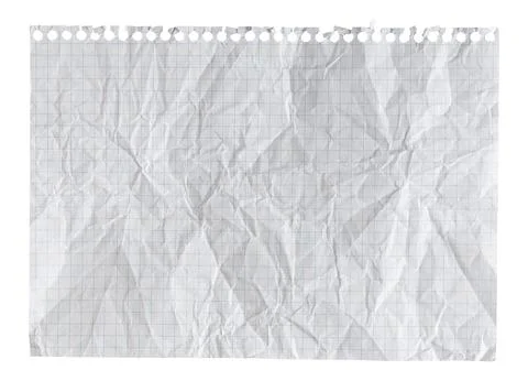 Crumpled vertical squared notebook paper sheet isolated on white background Stock Photos