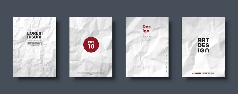 Crumpled white paper texture pattern. Minimal covers set. Rough grunge old blank Stock Illustration