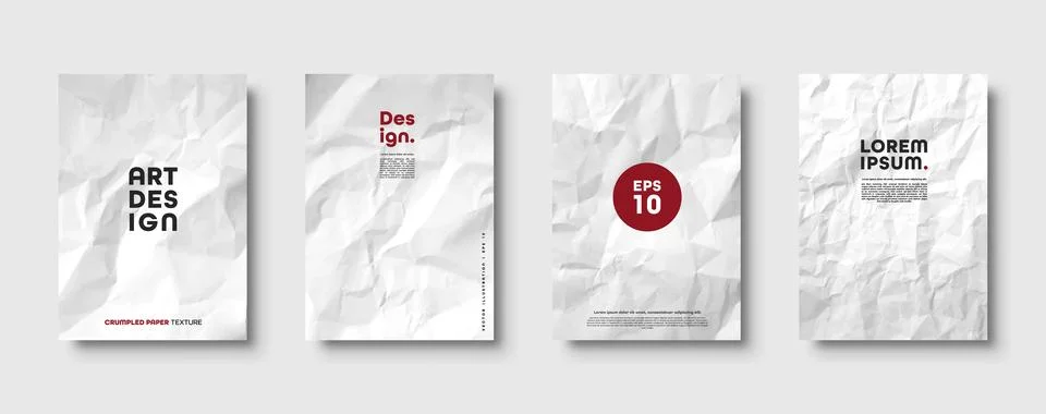 Crumpled white paper texture pattern. Minimal covers set. Rough grunge old blank Stock Illustration