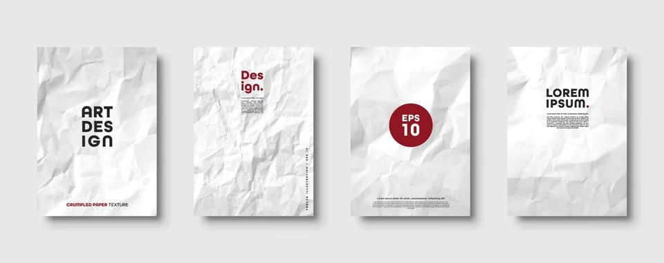 Crumpled white paper texture pattern. Minimal covers set. Rough grunge old blank Stock Illustration