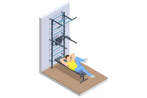 Crunches. Isometric vector illustration of a man doing bicycle crunches on an Stock Illustration