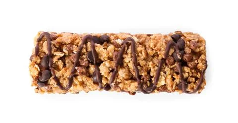 Crunchy granola bar with chocolate on white background, top view Stock Photos