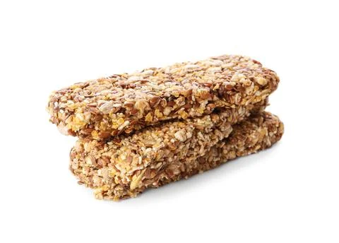 Crunchy granola bars on white background. Healthy snack Stock Photos