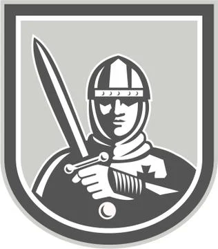 Crusader knight with sword front crest Illustrazione stock