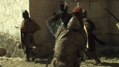Crusaders charging the gates of Jerusalem, 11th century AD - Reenactment Stock Footage 202912273